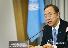 El secretario general de la ONU Ban Ki-moon en una conferencia de prensa en La Haya, el 8 de abril de 2013