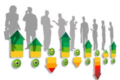 Reforma de la Ley del Baremo Siluetas de personas y flechas con signos de + y -