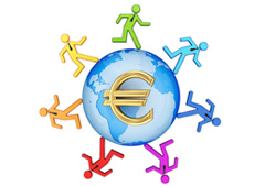 Una bola del mundo con el símbolo del euro y rodeada de muñequitos
