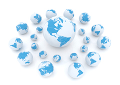 Una bola del mundo grande rodeada por varias pequeñas