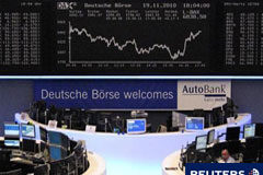Las bolsas europeas frenan ganancias; Irlanda cede Varios agentes de bolsa en Fráncfort el 19 de noviembre de 2010.