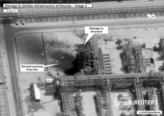 Esta imagen por satélite muestra los daños a una instalación de hidrocarburos de Saudi Aramco en Khurais, Arabia Saudí. Imagen cedida por el gobierno estadounidense el 15 de septiembre de 2019. Esta imagen por satélite muestra los daños a una instalación de hidrocarburos de Saudi Aramco en Khurais, Arabia Saudí. Imagen cedida por el gobierno estadounidense el 15 de septiembre de 2019.