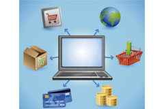 Implicaciones fiscales de la compra y venta de productos de segunda mano en plataformas digitales Un portátil rodeado de iconos de compra venta online