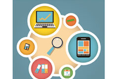 Procedimiento administrativo a salto de tecnología Colección de iconos de diseño plano, ordenadores y dispositivos móviles, la computación en nube, la comunicación