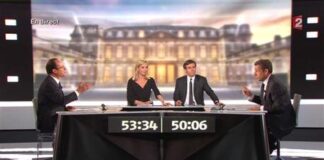 Sarkozy no desbanca a Hollande de cara a la segunda vuelta Hollande (izq.) y Sarkozy (dcha.), con los periodistas David Pujadas (2º por la dcha.) y Laurence Ferrari (2ª por la izq.) como moderadores durante el debate del 2 de mayo retransmitido por France 2 Television desde sus estudios en La Plaine Saint-Denis