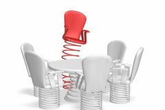 Abogacía laboral preventiva: otra forma de gestionar las relaciones laborales Una mesa rodeada de sillas con muelles y una de ellas es roja y sale rebotada