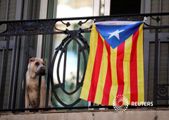Un perro junto a una bandera independentista o Estelada en un balcón de Barcelona, el 11 de septiembre de 2017