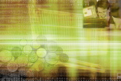 Guerra tributaria en el mundo digital fondo con números binarios y con monedas, arriba en la esquina drcha. una mujer mirando la pantalla de un ordenador