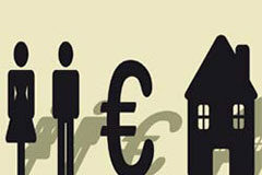 Controversia por el pago a partes iguales de la hipoteca de parejas divorciadas Dos muñequitos, el símbolo del euro y una casita.