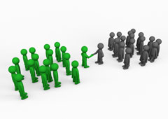 Dos grupos de muñequitos unos grises y otros verdes y se están dando la mano un muñequito verde y otro gris Dos grupos de muñequitos unos grises y otros verdes y se están dando la mano un muñequito verde y otro gris