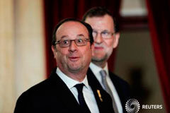 Francia organizará una cumbre con Alemania, Italia y España sobre la UE El presidente francés François Hollande reacciona durante una cumbre con el presidente español Mariano Rajoy en Málaga, España, el 20 de febreri de 2017