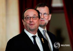 El presidente francés François Hollande reacciona durante una cumbre con el presidente español Mariano Rajoy en Málaga, España, el 20 de febreri de 2017