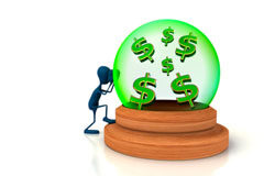 La mejor idea tiene premio Un muñeco mirando a través de una bola de cristal cómo cae el dinero.