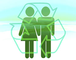 Los iconos de un hombre y una mujer con el símbolo del reciclaje.