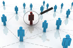 Inspección de trabajo y clasificación nacional de actividades económicas CNAE Munecos azules y uno de ellos enfocado con una lupa y de color rojo