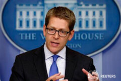 EEUU y sus aliados preparan un probable ataque militar en Siria Secretario de prensa de la Casa Blanca, Jay Carney, en una rueda de prensa sobre Siria el 27 de agosto en la Casa Blanca en Washington