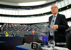 Foto del miércoles del presidente de la Comisión Europea, Jean-Claude Juncker, hablando ante el plenario del Parlamento Europeo. Sep 18, 2019.