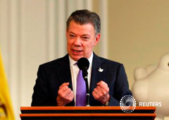 Juan Manuel Santos, durante una rueda de prensa tras ganar el Premio Nobel de la Paz, en el Palacio Narino Palace en Bogotá, Colombia, el 7 de octubre de 2016