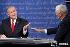 Candidatos a la vicepresidencia de EEUU critican a Trump y Clinton en debate El candidato demócrata a la vicepresidencia, el senador Tim Kaine (I), y el republicano, el gobernador Mike Pence, durante un debate en la Universidad de Longwood en Farmville, Virginia, EEUU, el 4 de octubre de 2016