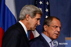 EEUU y Rusia esperan que la negociación reavive la conferencia de paz siria Kerry y Lavrov (D) antes de unas declaraciones a la prensa antes de su reunión sobre Siria, en Ginebra, el 12 de septiembre de 2013