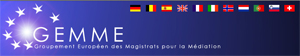Nuevo impulso a la mediación. Banderas y logotipo de de la Junta Directiva del Grupo de Magistrados Europeos por la Mediación