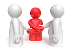 La mediación en asuntos civiles y mercantiles Dos muñequitos blancos y uno rojo enmedio