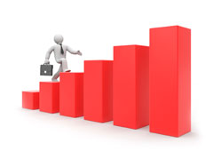 Un muñequito con maletín subiendo un gráfico de barras