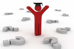 El sistema de acceso a la Abogacía: retos de futuro Un muñequito rojo licenciado rodeado de signos de interrogación