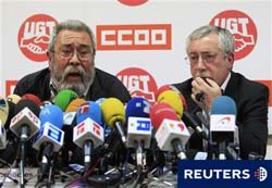 los líderes sindicales Cándido Méndez e Ignacio Fernández Toxo, en una rueda de prensa conjuntaen Madrid, el 27 de mayo de 2010. los líderes sindicales Cándido Méndez e Ignacio Fernández Toxo, en una rueda de prensa conjuntaen Madrid, el 27 de mayo de 2010.