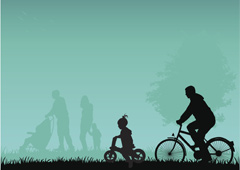 Silueta de un niño y un adulto en bicicleta