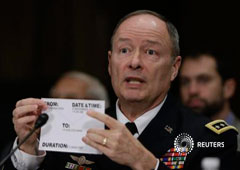 El director de la NSA, general Keith Alexander, utiliza una tarjeta de biblioteca como ejemplo durante una comparecencia ante el comité judicial del Senado en Washington el 11 de diciemmbre