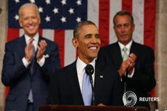 Obama apunta al uso de decretos en su discurso del Estado de la Unión Obama frente al vicepresidente Joe Biden (i) y el presidente de la Cámara de Representantes, John Boehner, al fin del discurso del estado de la Unión en el Capitolio en Washington, el 28 de enero de 2014