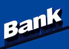 La palabra Bank en blanco sobre fondo azul.