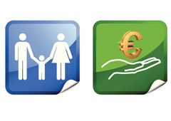 Dos botones, uno con la imagen de una familia y el otro con una mano y el símbolo del euro sobre ella