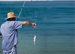Un pescador acaba de pescar un pez en la orilla del mar