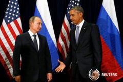 Potencias y Rusia no se ponen de acuerdo en cómo encarar futuro de crisis siria El presidente estadounidense Barack Obama tiende la mano al presidente ruso Vladimir Putin durante su reunión en la Asamblea General de Naciones Unidas en Nueva York el 28 de septiembre de 2015
