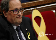 El candidato a presidente de la Generalitat de Cataluña Quim Torra durante el debate de investidura en el Parlamento regional, el 12 de mayo de 2018