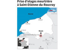 Muere un sacerdote tras toma de rehenes en una iglesia del norte de Francia Un sacerdote que había sido secuestrado en una iglesia en Normandía, en el norte de Francia, fue asesinado con un arma blanca, dijo el martes una fuente policial a Reuters. En la imagen, un gráfico con el lugar del suceso elaborado por Reuters.