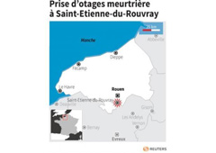 Un sacerdote que había sido secuestrado en una iglesia en Normandía, en el norte de Francia, fue asesinado con un arma blanca, dijo el martes una fuente policial a Reuters. En la imagen, un gráfico con el lugar del suceso elaborado por Reuters.