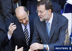 Rajoy y Rubalcaba en el desfile con motivo de la Fiesta Nacional celebrado el 12 de octubre en Madrid