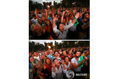 España rechaza la solicitud de diálogo de Puigdemont si no vuelve a la legalidad Combo con dos imágenes separadas por un minuto de tiempo con las reacciones de asistentes a la comparecencia del presidente catalán en las afueras del parlamento entre la declaración de independencia y la solicitud de suspensión