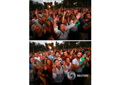 Combo con dos imágenes separadas por un minuto de tiempo con las reacciones de asistentes a la comparecencia del presidente catalán en las afueras del parlamento entre la declaración de independencia y la solicitud de suspensión