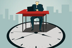 Reducción de jornada y vacaciones Dibujo de una persona con su mesa sobre la esfera de un reloj