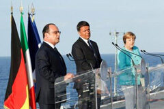 Alemania, Francia e Italia dicen que Europa debe seguir adelante tras el Brexit El primer ministro italiano, Matteo Renzi (centro); la canciller alemana, Angela Merkel (derecha); y el presidente francés, Francois Hollande (izquierda) durante una conferencia de prensa a bordo del portaaviones italiano Garibaldi en la costa de la isla