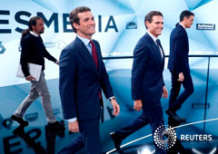 Los principales candidatos a la presidencia del Gobierno en el debate de Atresmedia. Pablo Casado Partido Popular (PP), Pablo Iglesias de Unidas Podemos, el presidente Pedro Sánchez del PSOE y Albert Rivera de Ciudadanos llegan a San Sebastian de los Reye