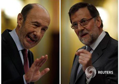 Combinación de fotografías del presidente del Gobierno, Mariano Rajoy, y del líder de la oposición y del PSOE, Alfredo Pérez Rubalcaba, durante el debate sobre el estado de la nación el 20 de febrero en el Congreso de los Diputados
