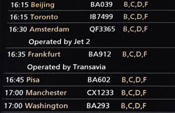 un panel de salida de vuelos muestra operadores que que hacen cargo de vuelos de BA en el Aeropuerto de Heathrow, en Londres, el 20 de marzo de 2010. un panel de salida de vuelos muestra operadores que que hacen cargo de vuelos de BA en el Aeropuerto de Heathrow, en Londres, el 20 de marzo de 2010.