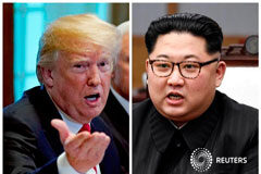 Funcionarios norcoreanos y de EEUU preparan cumbre entre Trump y Kim Una combinación de fotos muestra al presidente de Estados Unidos, Donald Trump, y al líder de Corea del Norte, Kim Jong Un, en Washignton, DC, EEUU. Mayo 17, 2018 y en Panmunjom, Corea del Sur, Abril 27, 2018 respectivamente