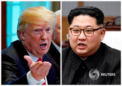 Una combinación de fotos muestra al presidente de Estados Unidos, Donald Trump, y al líder de Corea del Norte, Kim Jong Un, en Washignton, DC, EEUU. Mayo 17, 2018 y en Panmunjom, Corea del Sur, Abril 27, 2018 respectivamente Una combinación de fotos muestra al presidente de Estados Unidos, Donald Trump, y al líder de Corea del Norte, Kim Jong Un, en Washignton, DC, EEUU. Mayo 17, 2018 y en Panmunjom, Corea del Sur, Abril 27, 2018 respectivamente