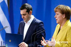 Grecia dice que presentará un paquete de reformas el lunes como muy tarde El primer ministro griego, Alexis Tsipras, en una rueda conjunta con la canciller alemana, Angela Merkel, en Berlín, el 23 de marzo de 2015